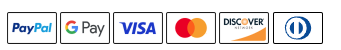 PayPal, Google Pay, Visa, Mastercard, Discover, and Diners Club