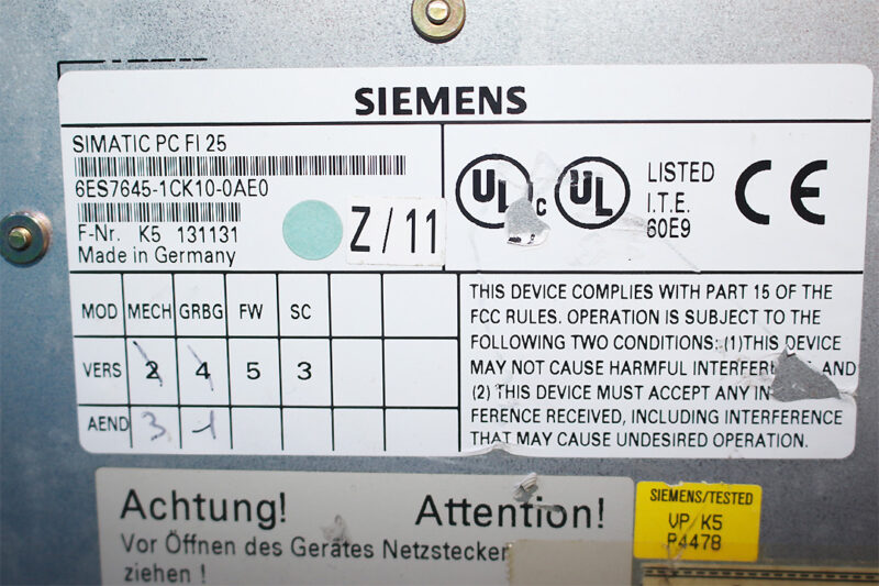 SIEMENS 6ES7645-1CK10-0AE0 SIMATIC PANEL PC F125