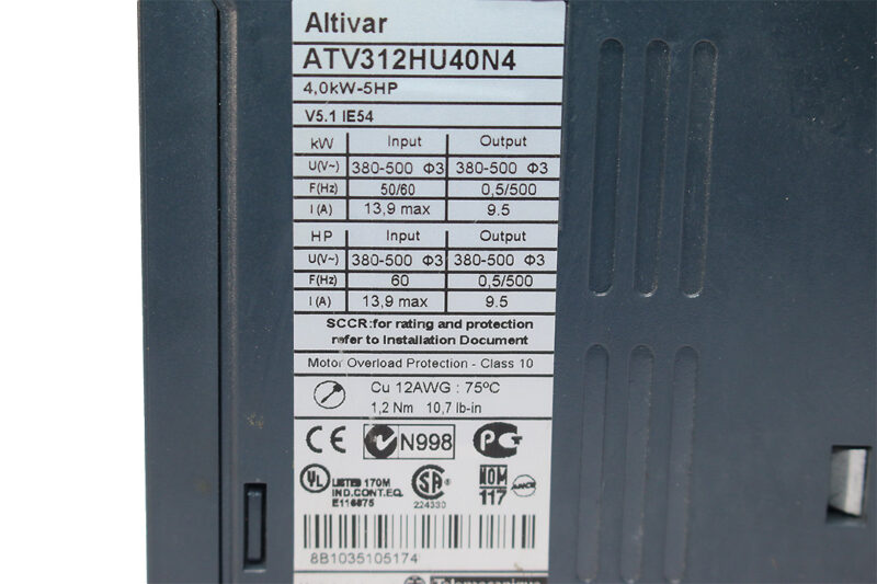 SCHNEIDER ATV312HU40N4 VARIABLE SPEED DRIVE 4 KW / 5 HP