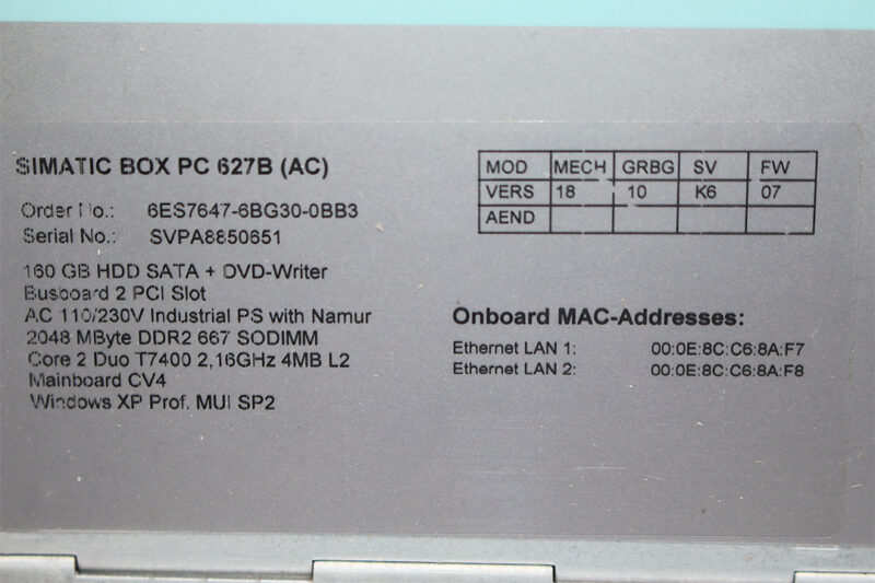 SIEMENS 6ES7647-6BG30-0BB3 SIMATIC BOX PC 627B