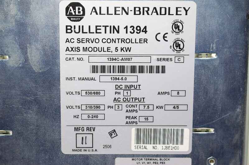 ALLEN-BRADLEY 1394C-AM07 AC SERVO AXIS MODULE 5kW. 7.5A CONT.15 A