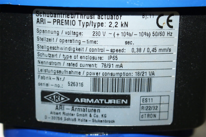 ARMATUREN ARI-PREMIO Type: 2,2kN ELECTRIC THRUST ACTUATOR