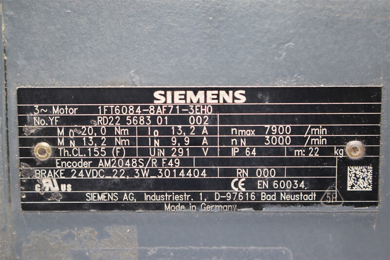 SIEMENS 1FT6084-8AF71-3EH0 SYNCHRONOUS SERVO MOTOR