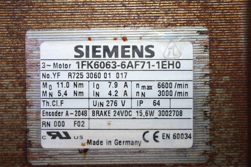 SIEMENS 1FK6063-6AF71-1EH0 SYNCHRONOUS SERVO MOTOR