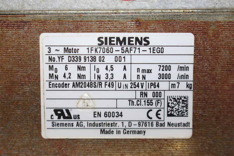 SIEMENS 1FK7060-5AF71-1EG0 SYNCHRONOUS SERVO MOTOR