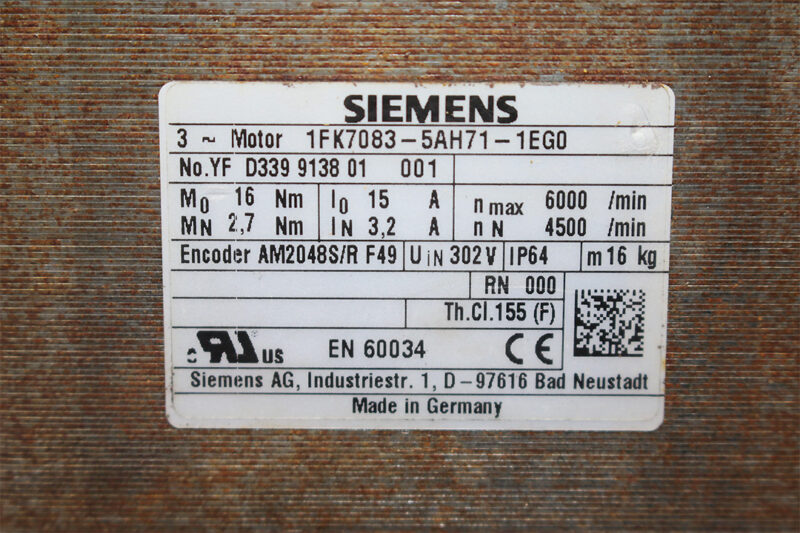 SIEMENS 1FK7083-5AH71-1EG0 SYNCHRONOUS SERVO MOTOR