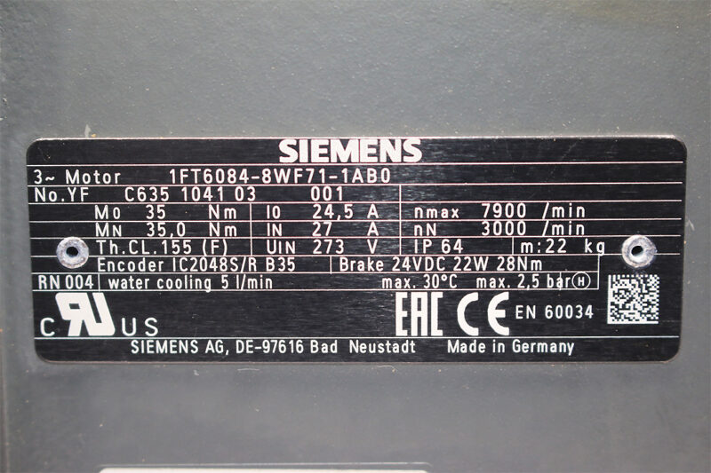 SIEMENS 1FT6084-8WF71-1AB0 SYNCHRONOUS SERVO MOTOR