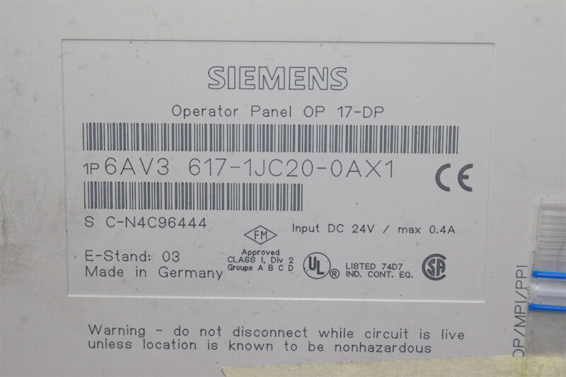 SIEMENS 6AV3 617-1JC20-0AX1 OPERATOR PANEL OP 17-DP