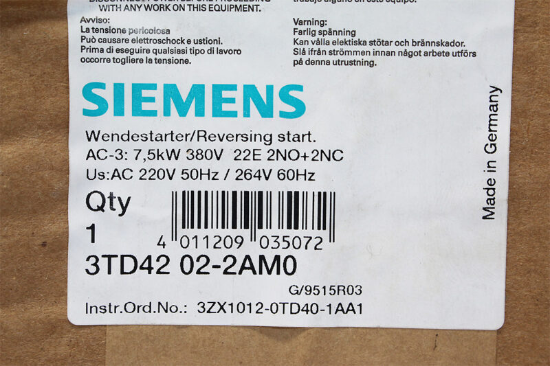 SIEMENS 3TD4202-2AM0 CONTACTOR