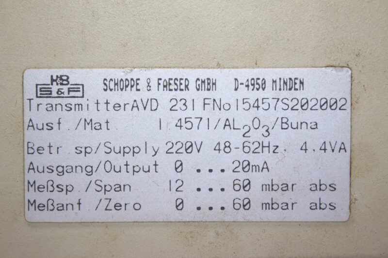SCHOPPE & FAESER AVD 23I PRESSURE TRANSMITTER 15457S20200 - Image 3