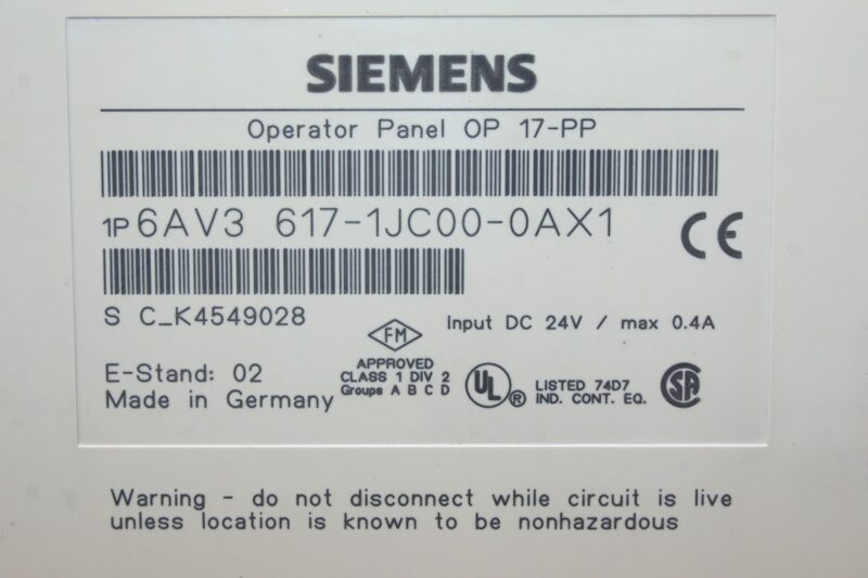 SIEMENS 6AV3 617-1JC00-0AX1 OPERATOR PANEL OP17 - Image 2