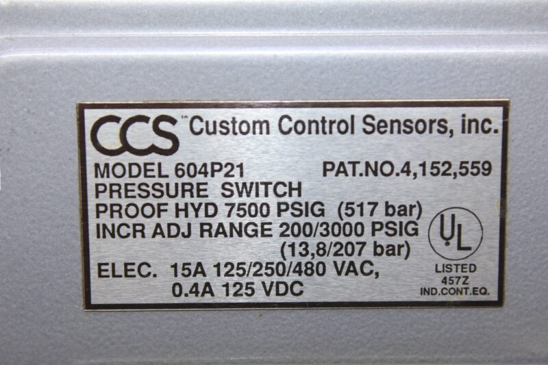 CUSTOM CONTROL SENSORS 604P21 PRESSURE SWITCH - Image 3