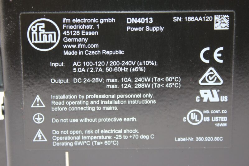 IFM DN4013 POWER SUPPLY PSU-1AC/24VDC-10A - Image 2