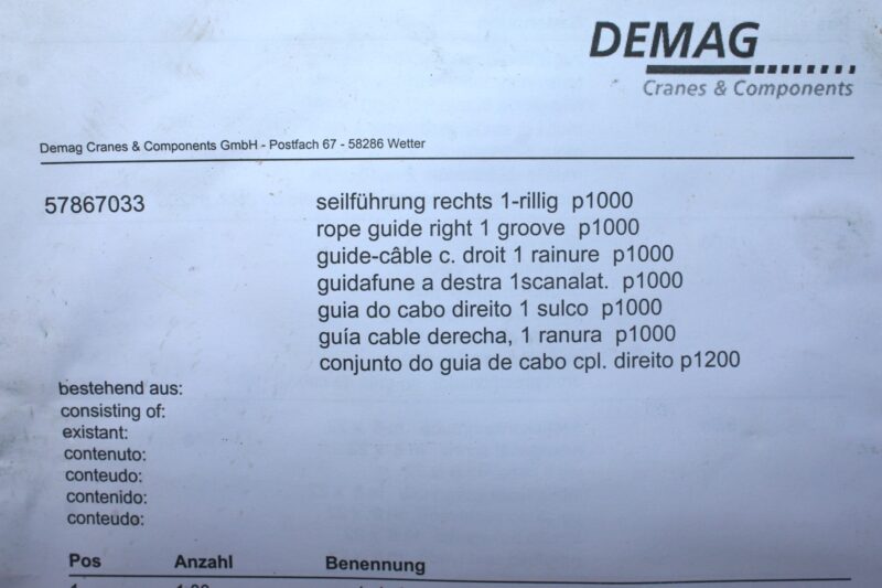 DEMAG 57867033 ROPE GUIDE RIGHT 1 GROOVE P1000 - Image 2