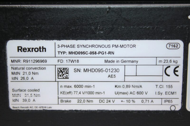 REXROTH MHD095C-058-PG1-RN SYNCHRONOUS MOTOR R911296969 - Image 2