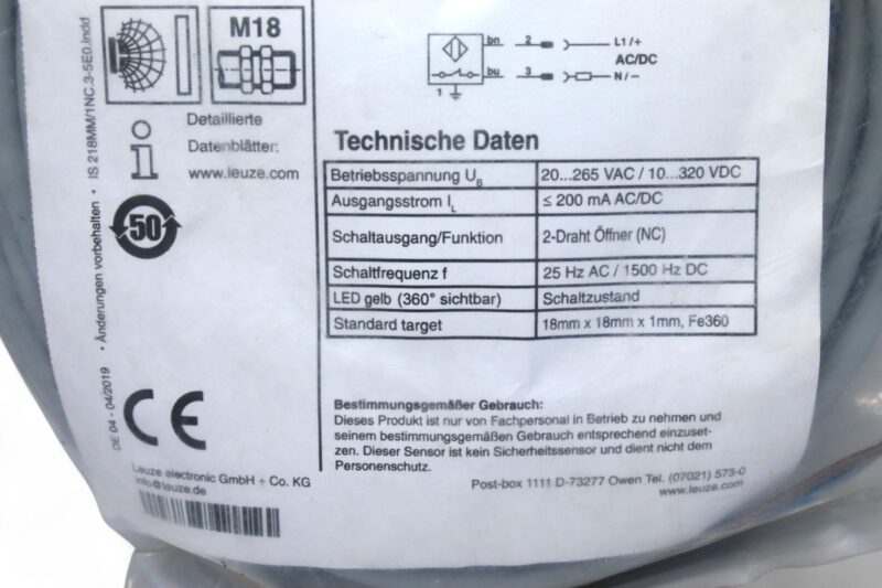 Leuze IS 218MM/1NC.3-5E0 INDUCTIVE SWITCH 50128151 - Image 2