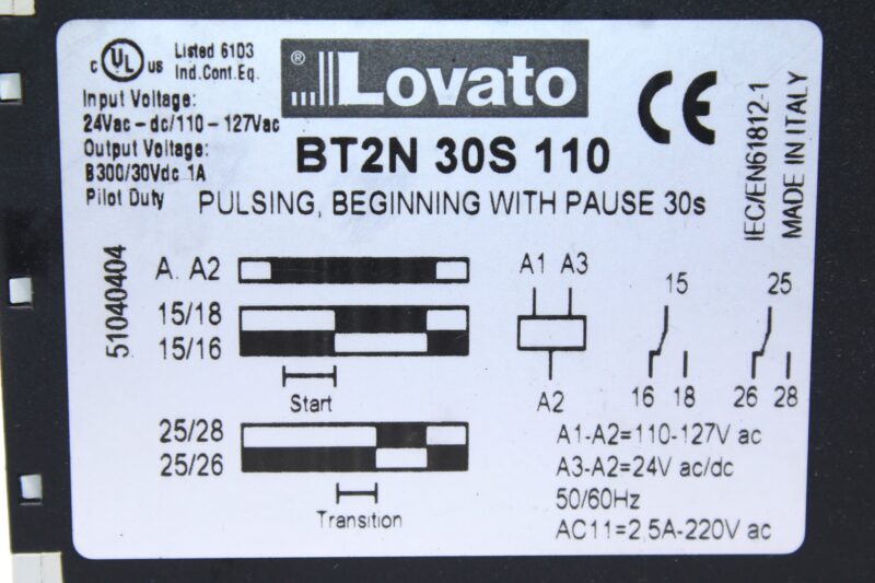 LOVATO 31BT2N 30S 110 TIME RELAY 51040404 (30S) - Image 3