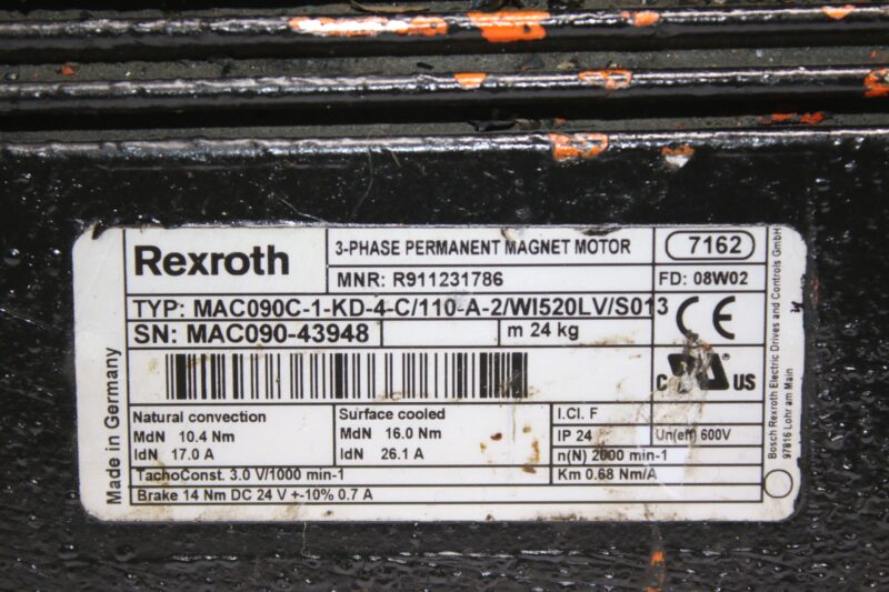 REXROTH MAC090C-1-KD-4-C/110-A-W150LV/S013 3-PHASE PERMANENT MAGNET MOTOR R911231786 - Image 2