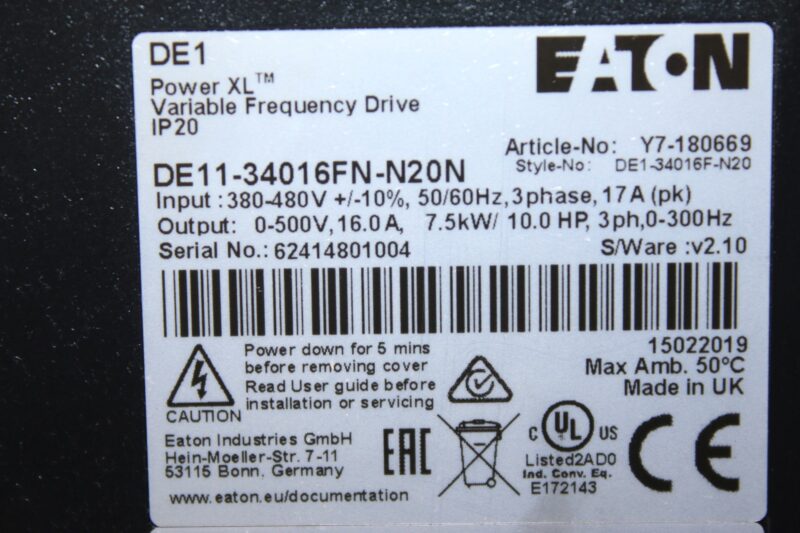 EATON DE11-34016FN-N20N VARIABLE SPEED STARTER Y7-180669 - Image 2