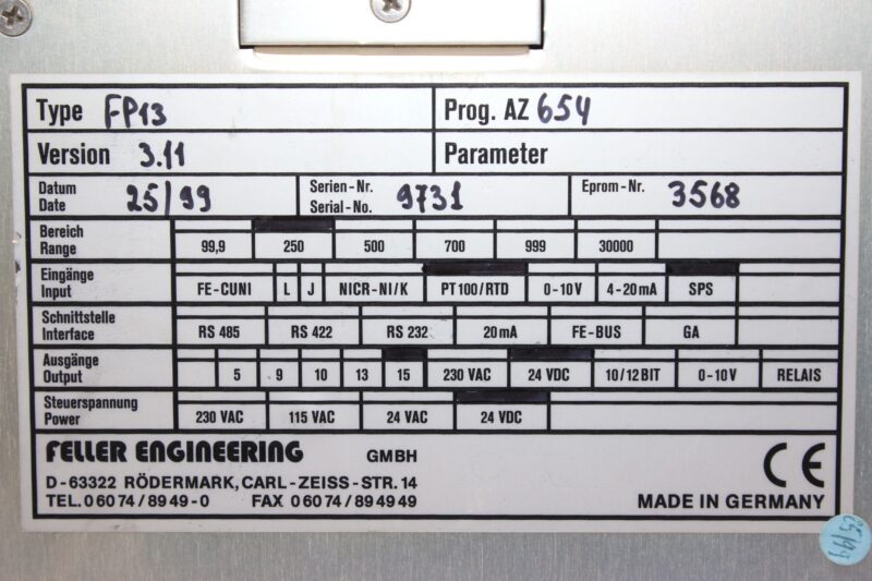 FELLER ENGINEERING FP13 TEMPERATURE CONTROLLER VER 3.11 - Image 2