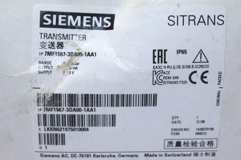 SIEMENS 7MF1567-3DA00-1AA1 PRESSURE TRANSMITTER 0…100 bar - Image 2