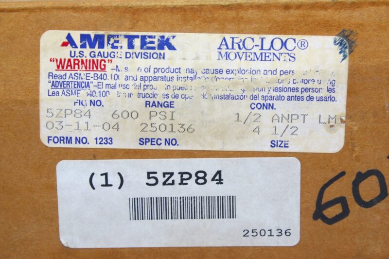AMETEK 5ZP84 PRESSURE GAUGE 600 PSI - Image 2