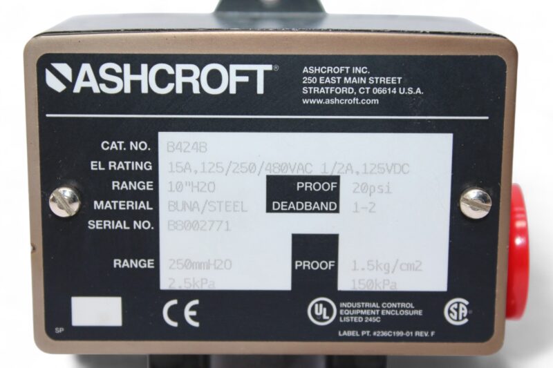 ASHCROFT B424B DIFFERENTIAL PRESSURE SWITCH 10"H2O - Image 3