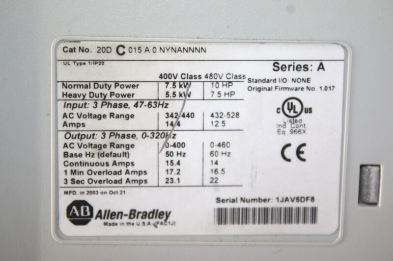 ALLEN BRADLEY 20DC015A0NYNANNNN AC VARIABLE SPEED DRIVE PowerFlex 70 - Image 5