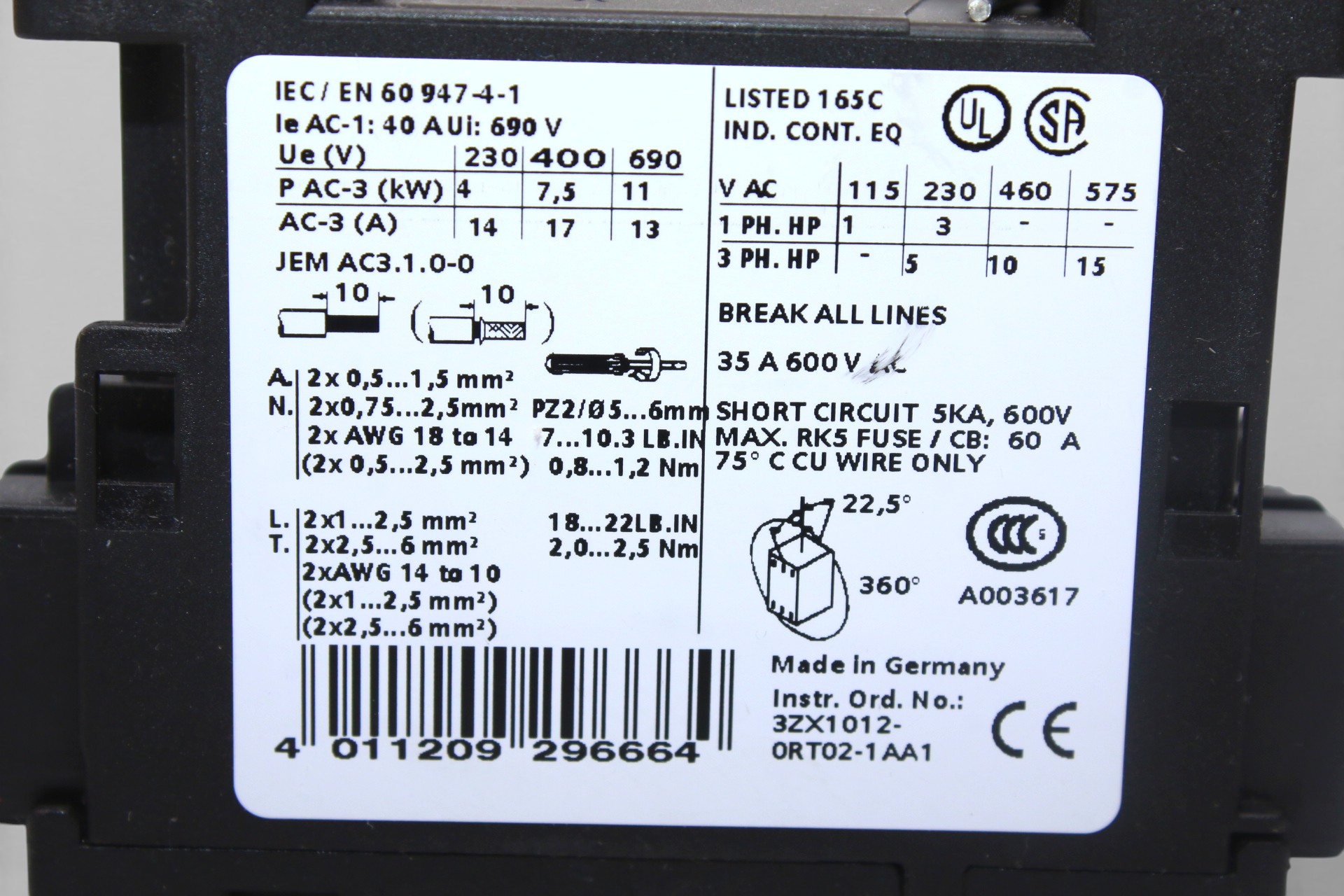 SIEMENS 3RT1025-1AF00 CONTACTOR 5 KW - Image 3