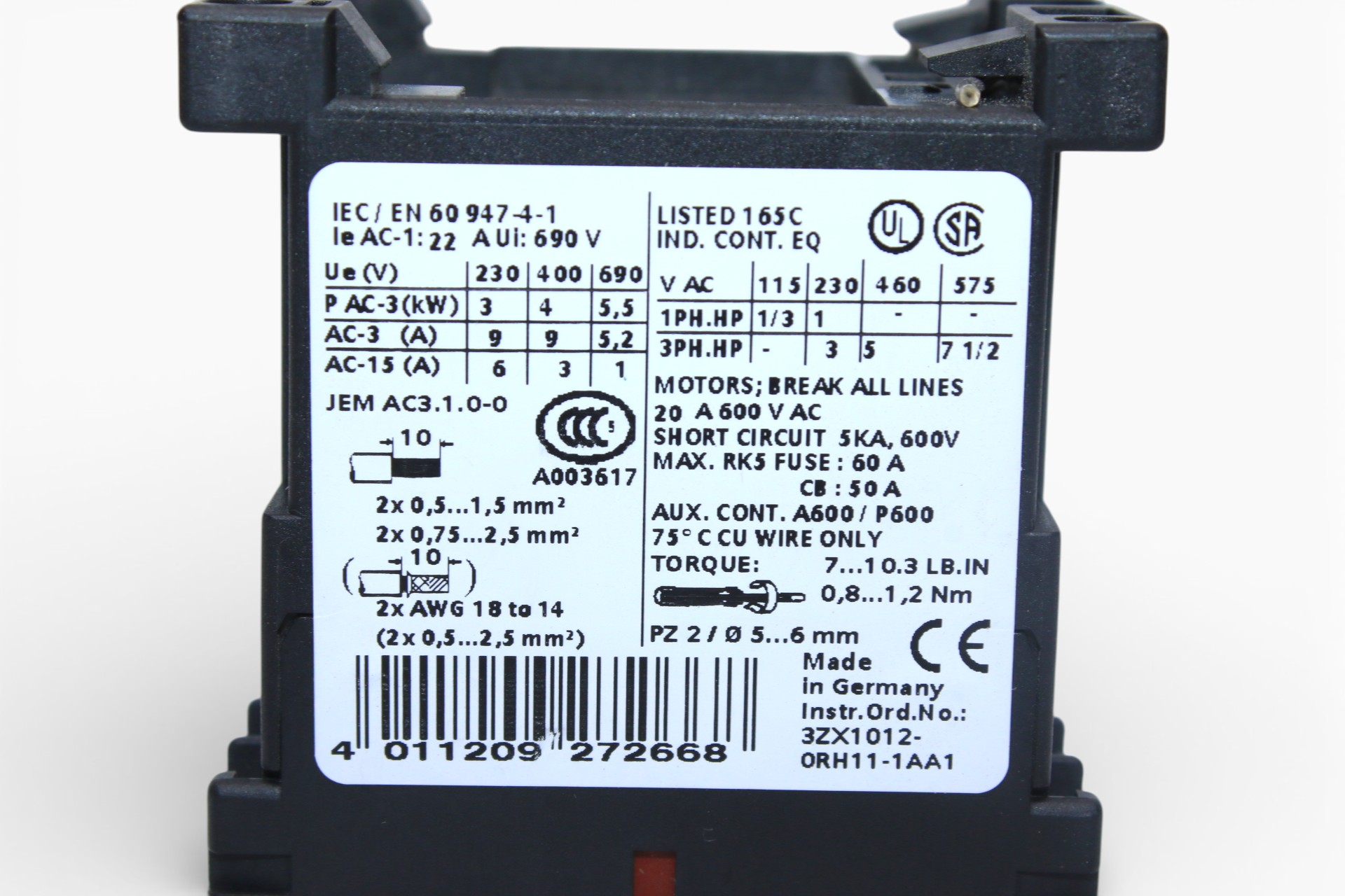 SIEMENS 3RT1016-1AF01 POWER CONTACTOR 4 KW - Image 3
