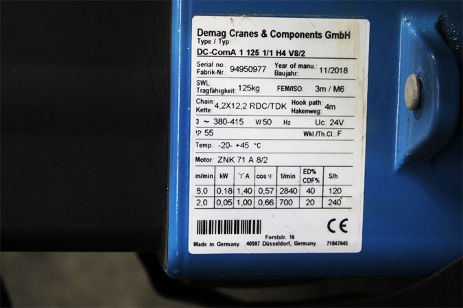 Demag Cranes DC-ComA 1 125 1/1 H4 V8/2 Chain Hoist 380-415V 50Hz - Image 2