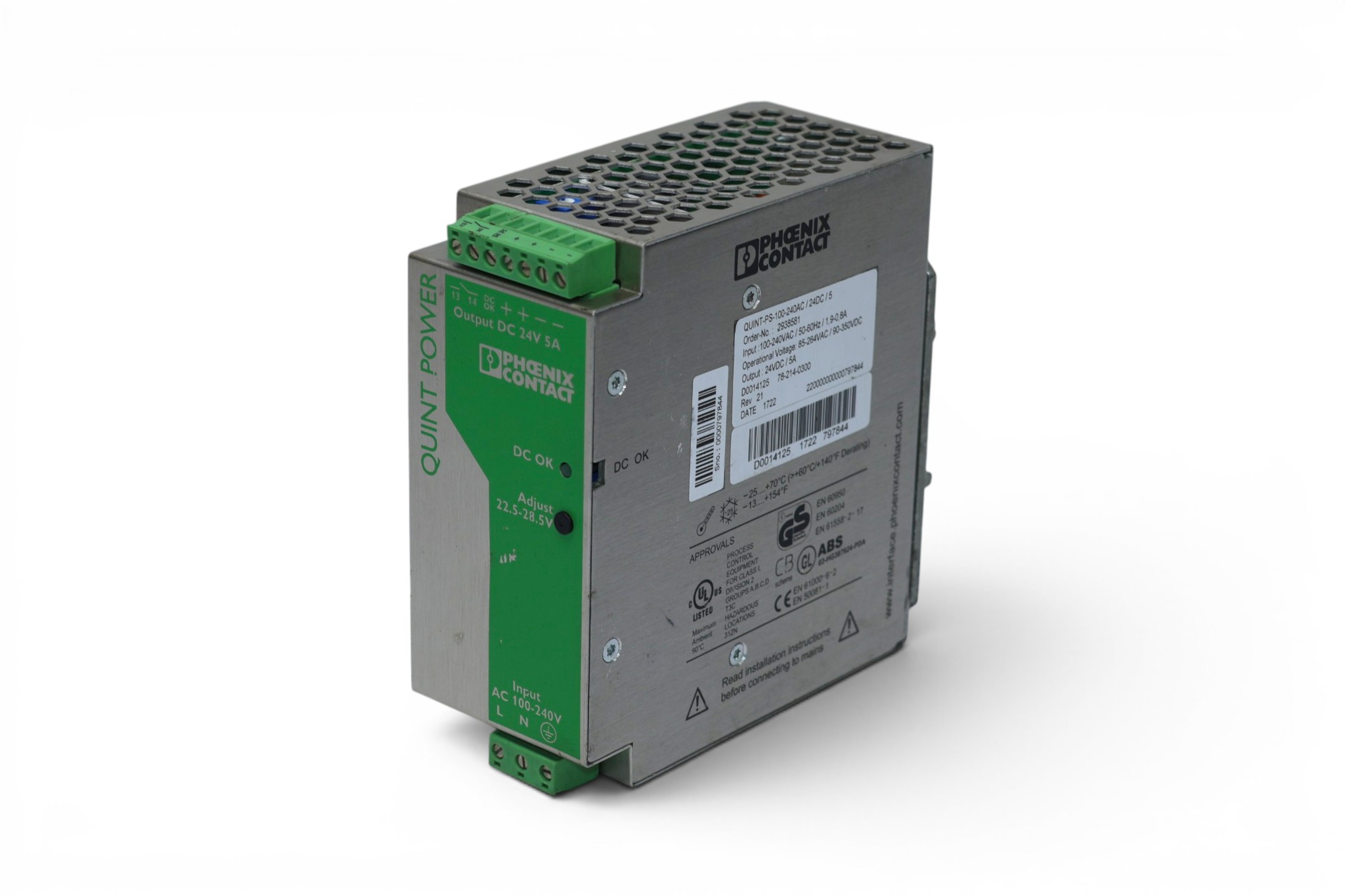 PHOENIX CONTACT QUINT-PS-100-240AC/24DC/ 5 POWER SUPPLY 2938581