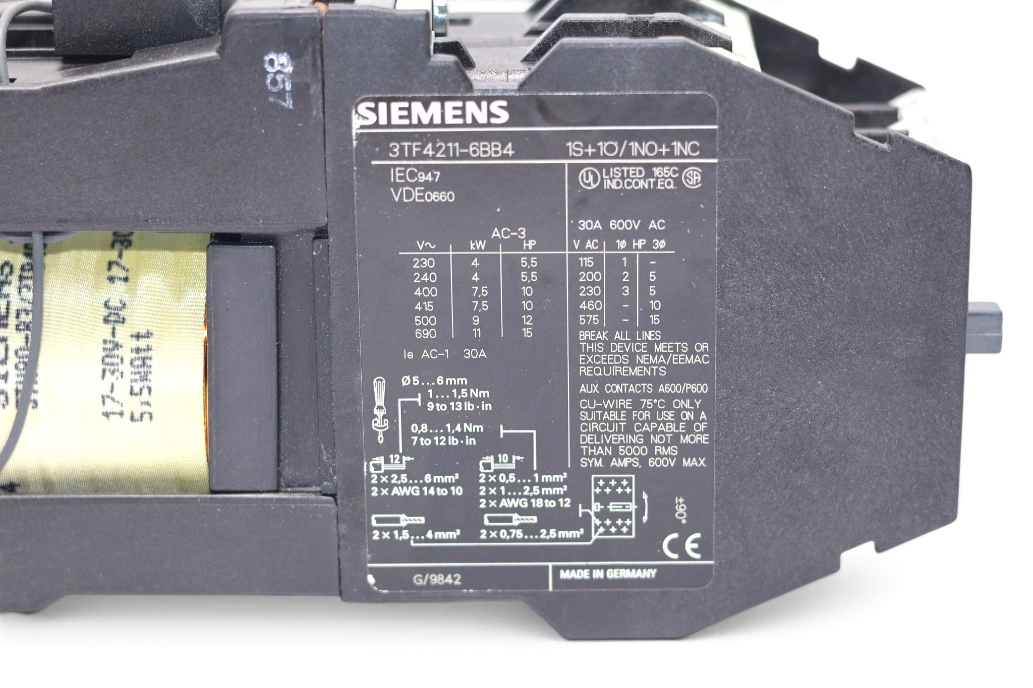 SIEMENS 3TF4211-6BB4 CONTACTOR (17-13 VDC) (7.5 Kw) - Image 2