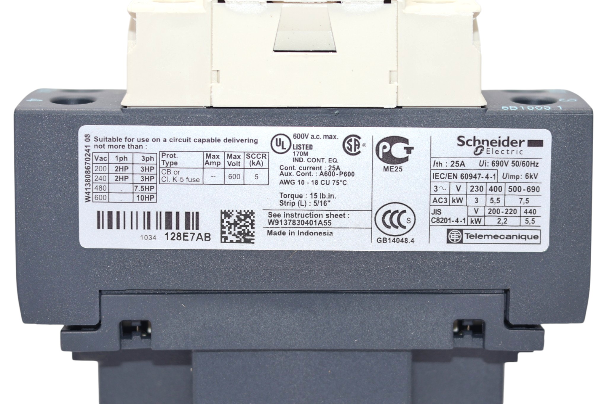 SCHNEIDER LC1D128E7 CONTACTOR 48 V (5.5 Kw) - Image 3
