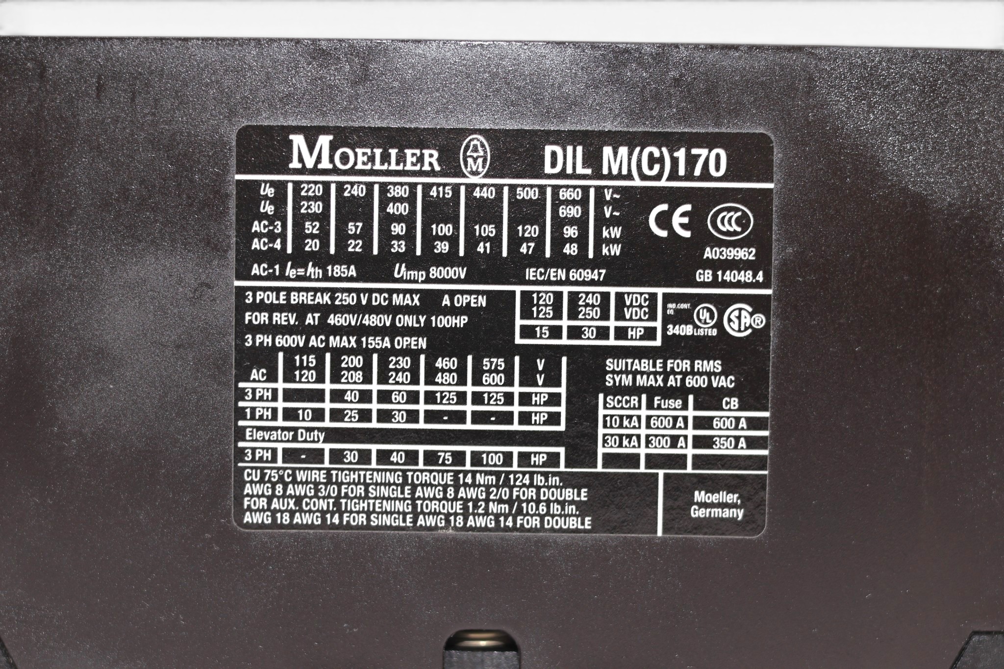 MOELLER DILM170(RAC240) CONTACTOR 90 KW (190-240 V) - Image 3