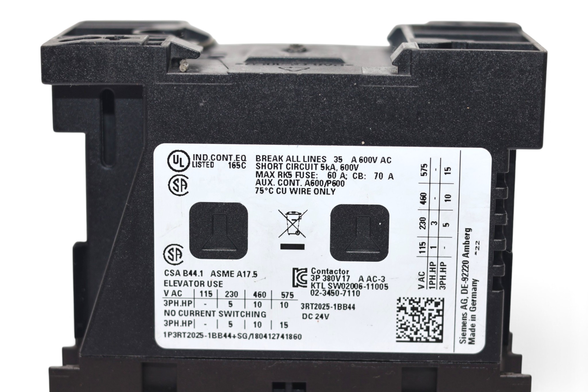 SIEMENS 3RT2025-1BB44 POWER CONTACTOR (24 V DC) (7.5 Kw) - Image 2