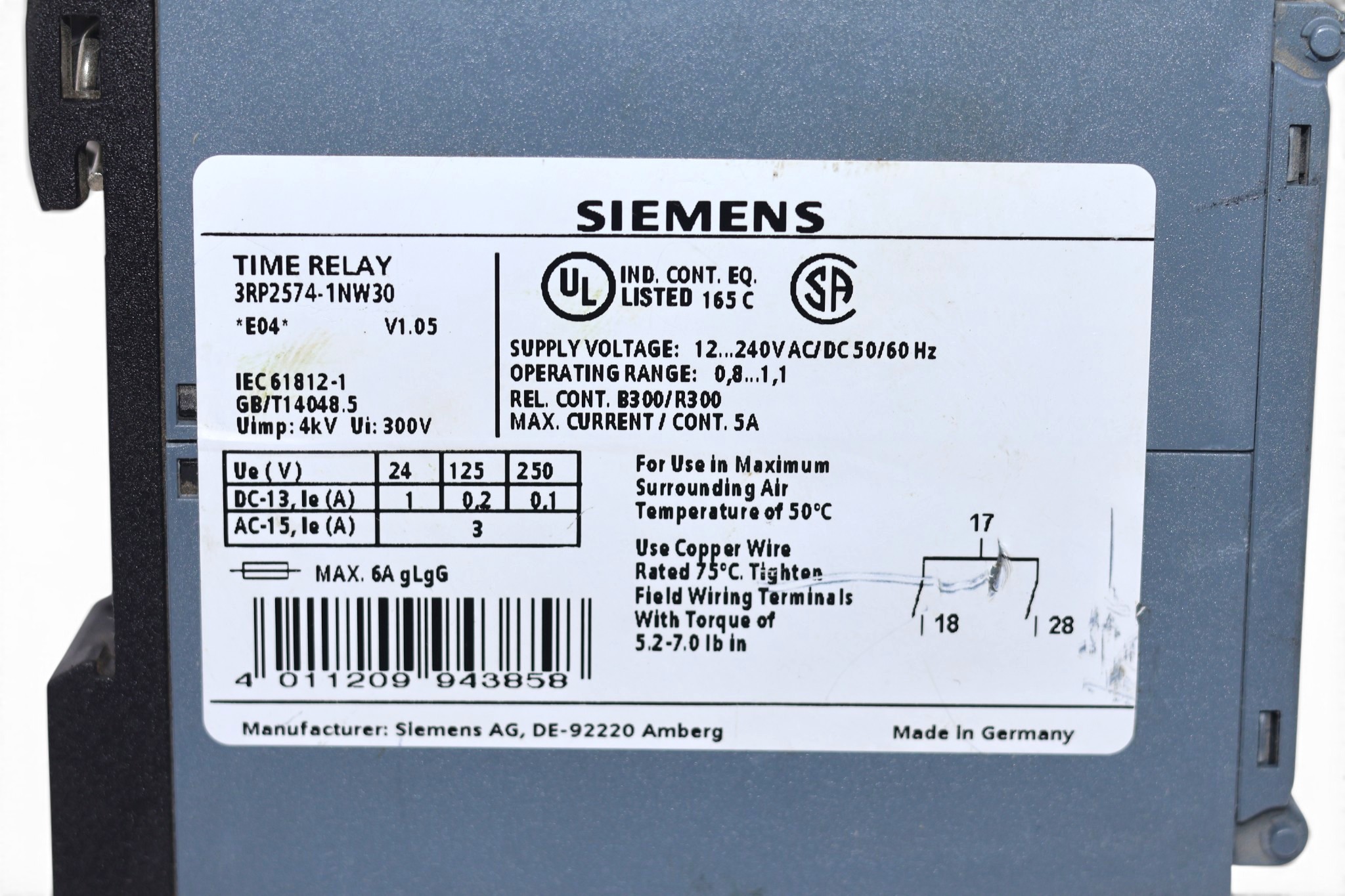 SIEMENS 3RP2574-1NW30 TIMING RELAY - Image 2