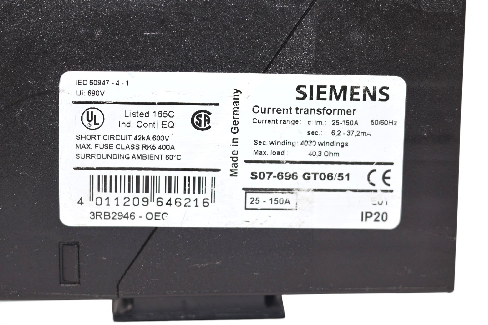 SIEMENS 3RB2946-0EG CURRENT TRANSFORMER - Image 2
