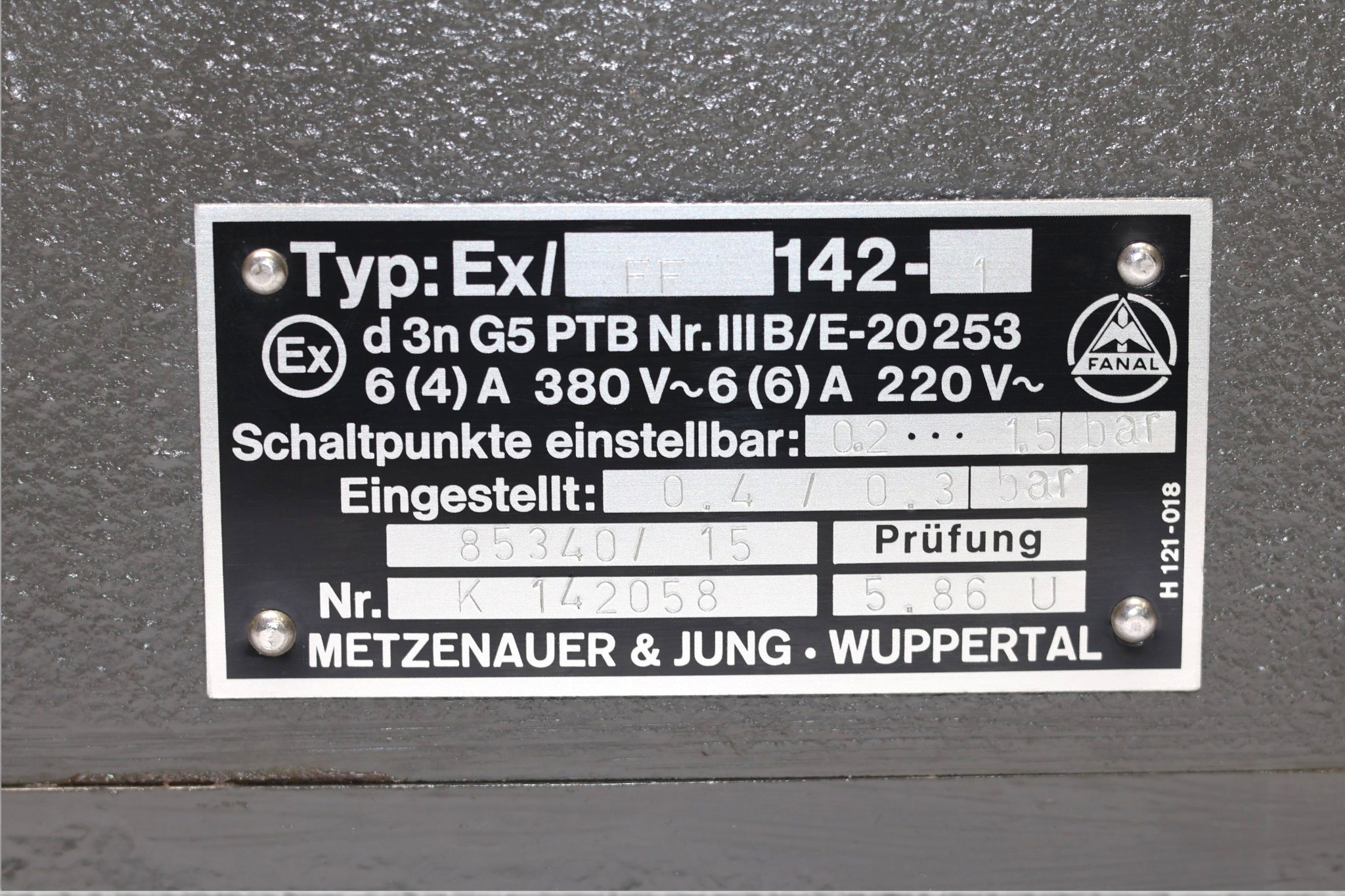 FANAL EX/FF 142-1 EXPLOSION-PROOF PRESSURE SWITCH - Image 2