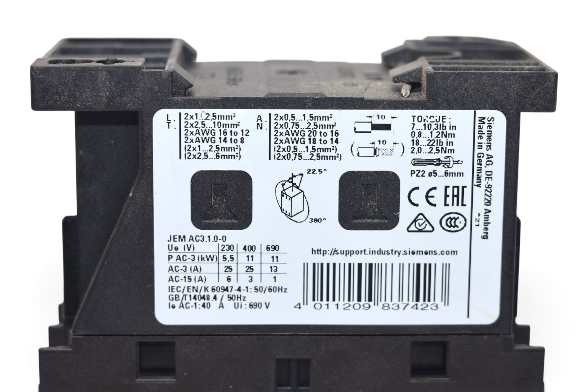 SIEMENS 3RT2026-1AB04 POWER CONTACTOR (11 Kw) - Image 2