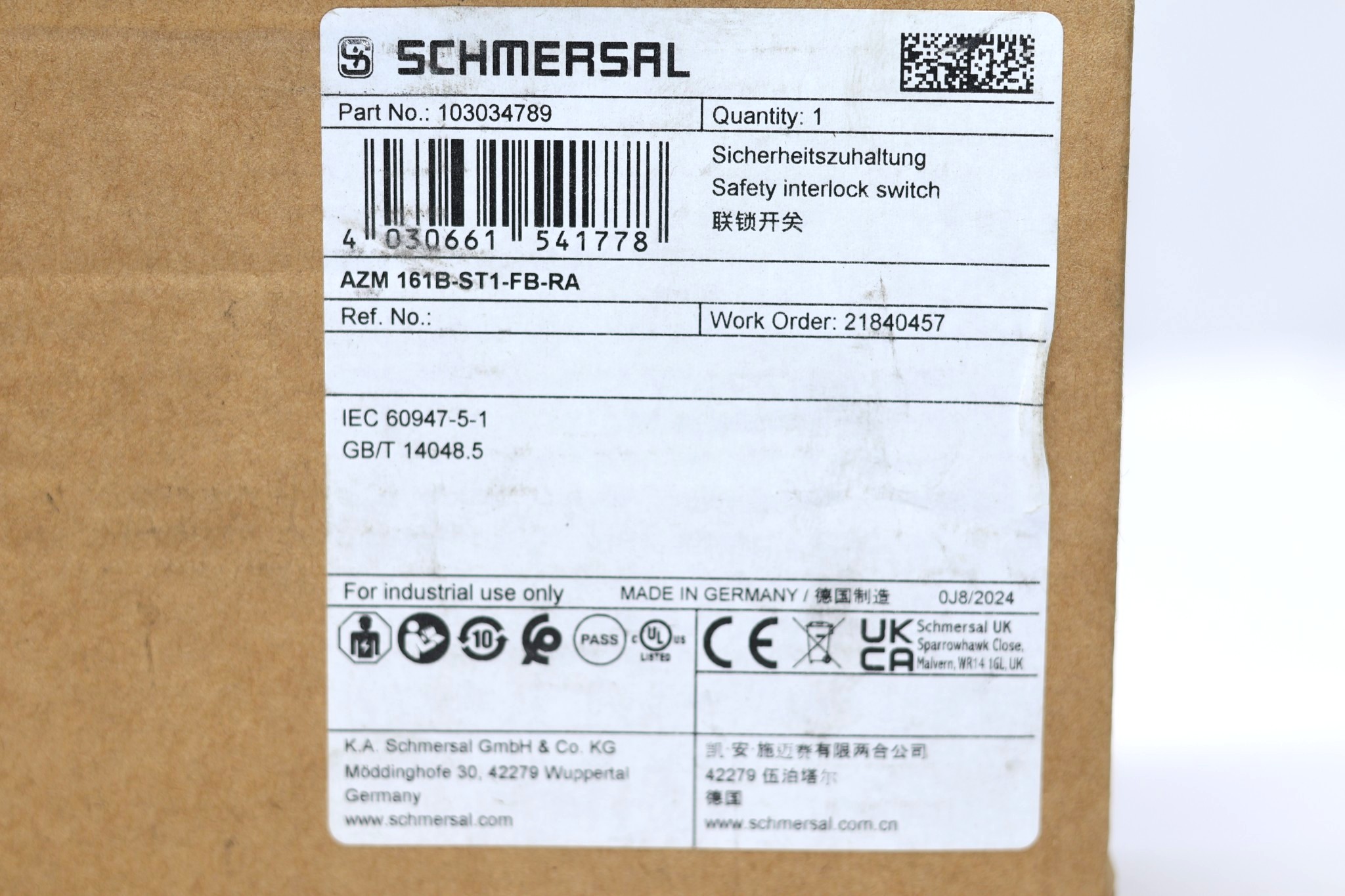 SCHMERSAL AZM 161B-ST1-FB-RA SOLENOID INTERLOCK 103034789 - Image 2