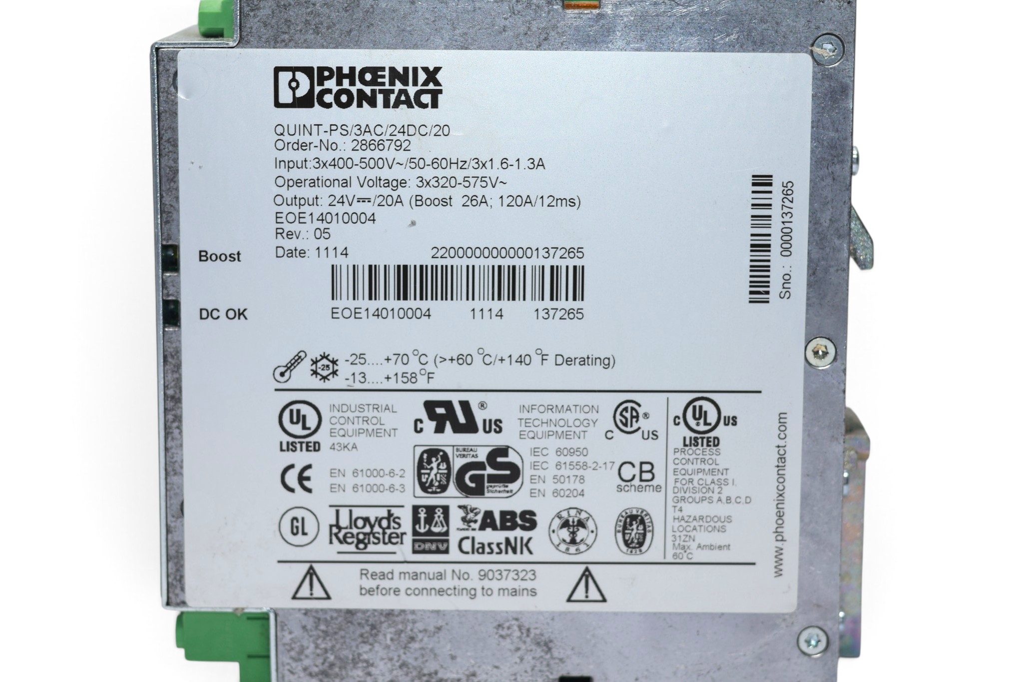PHOENIX CONTACT PS/3AC/24DC/20 POWER SUPPLY 2866792 (20A) - Image 2