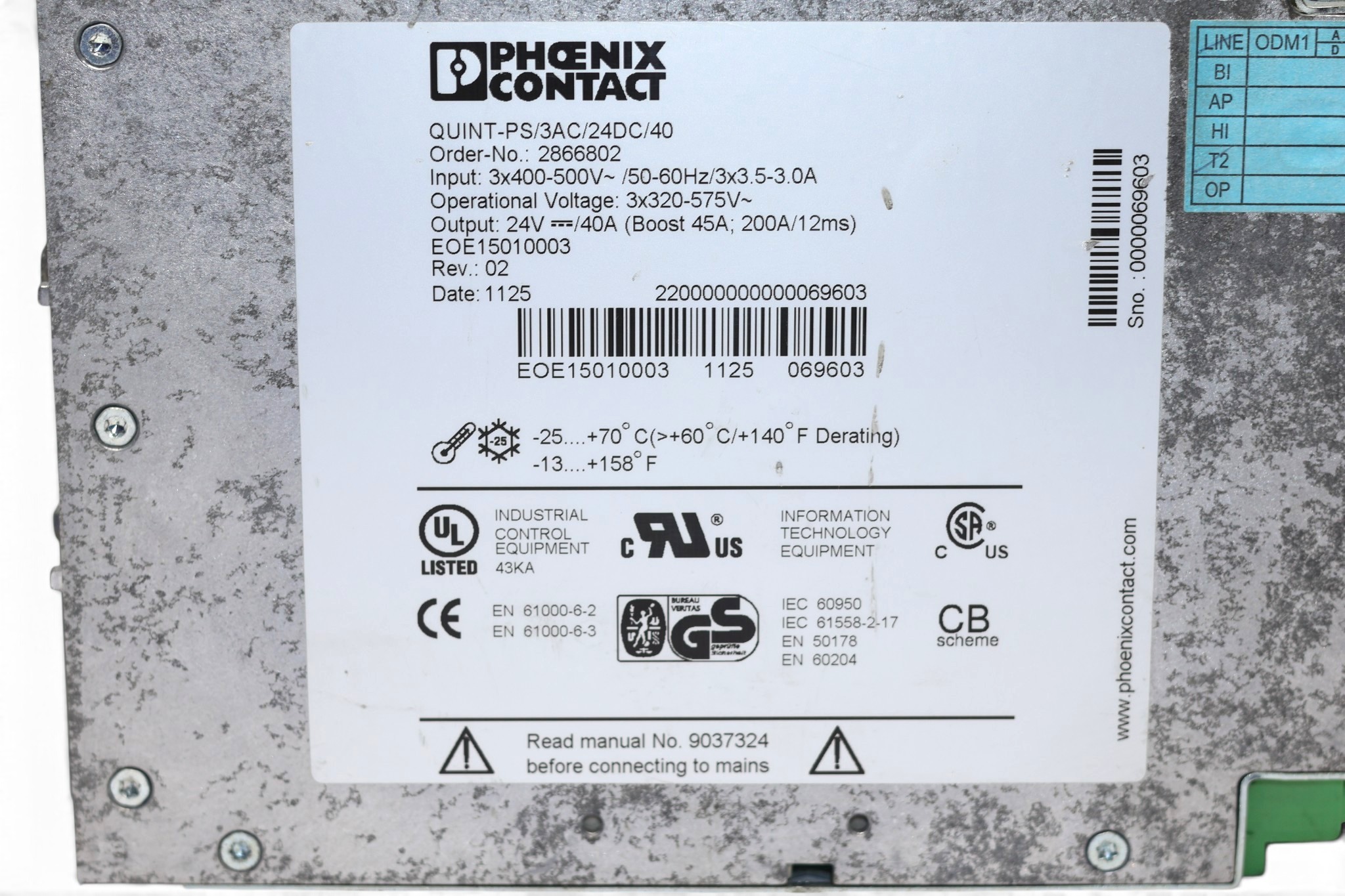 PHOENIX CONTACT QUINT-PS/3AC/24DC/40 POWER SUPPLY 2866802 (40A) - Image 2