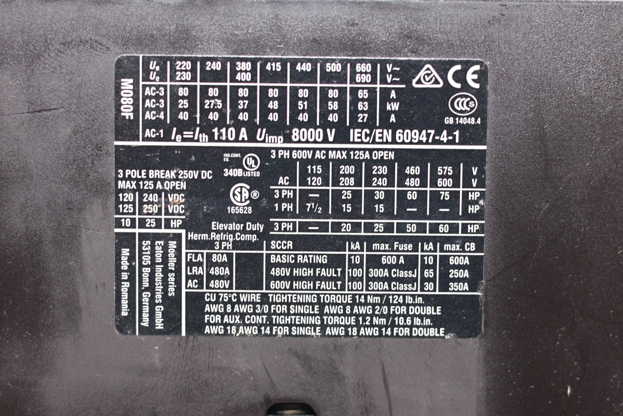 EATON DIL M80 XTCE080F CONTACTOR (230 V) - Image 2