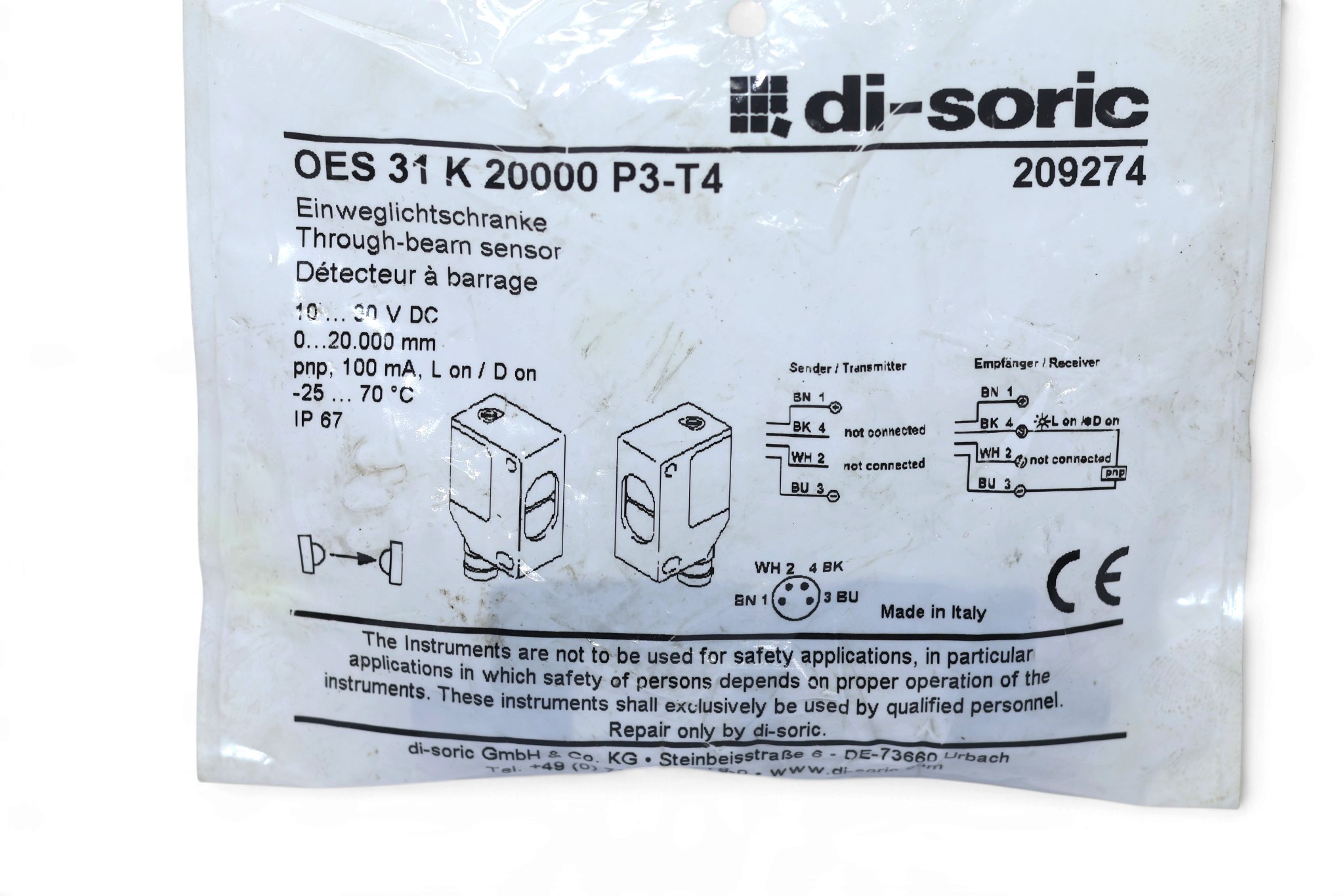 DI-SORIC OES 31 K 20000 P3-T4 THROUGH-BEAM SENSOR 209274 - Image 2