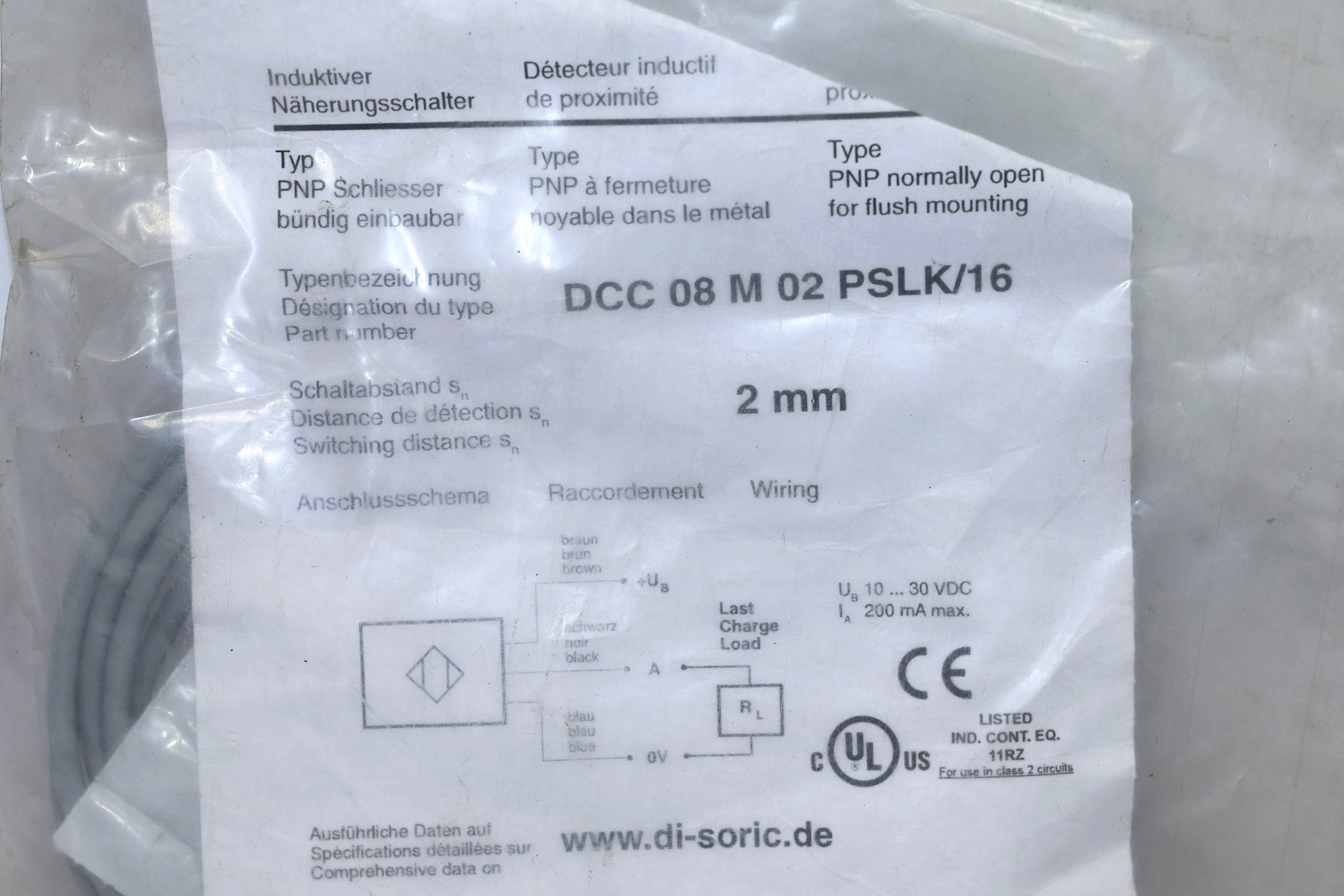 DI-SORIC DCC 08 M 02 PSLK/16 INDUCTIVE PROXIMITY SENSOR 208028 - Image 2