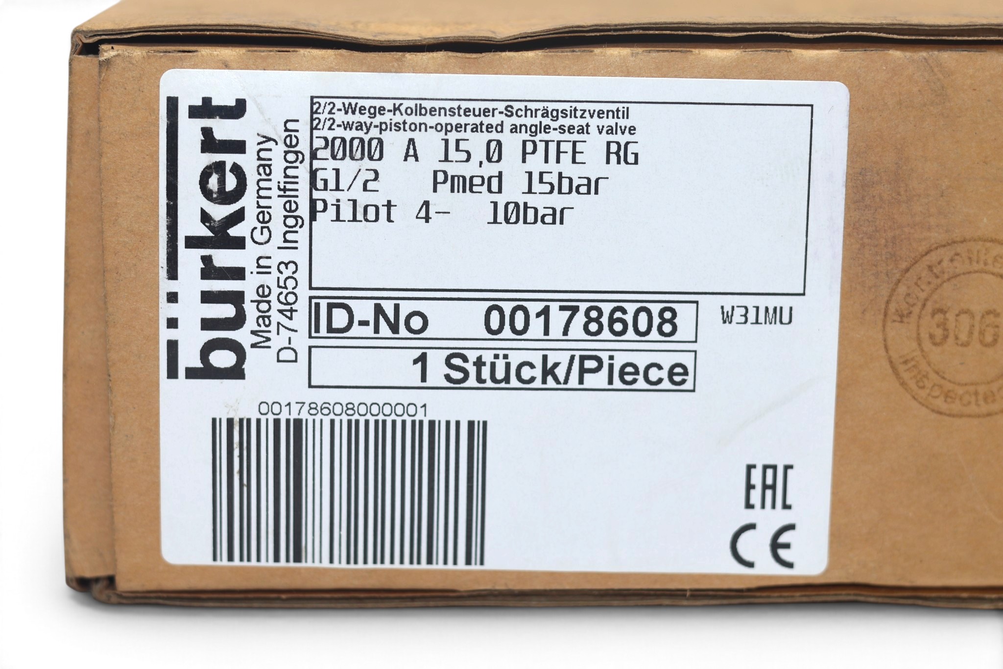 BURKERT 2000 A 15.0 PTFE RG ANGLE SEAT GLOBE VALVE (DN15) - Image 2